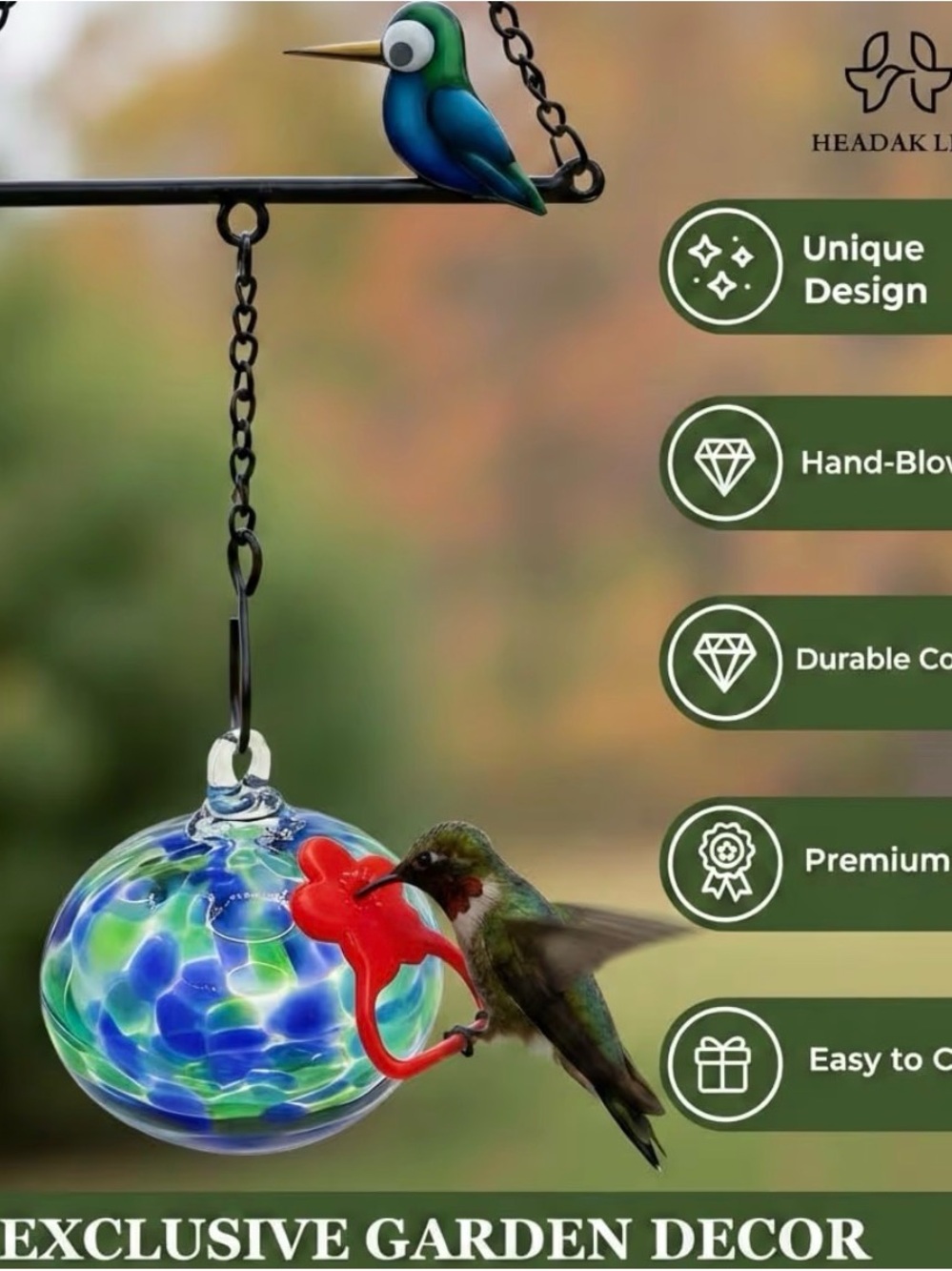 Glass Hummingbird Feeder with Red Flower Port - Picture 2 of 12